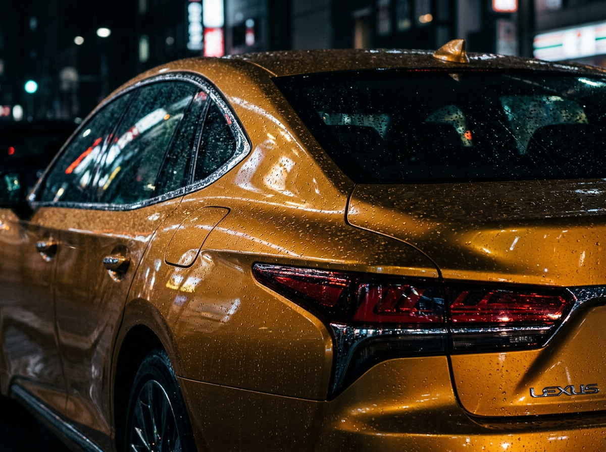 Wet-asphalt exterior detail of amber pearl paint